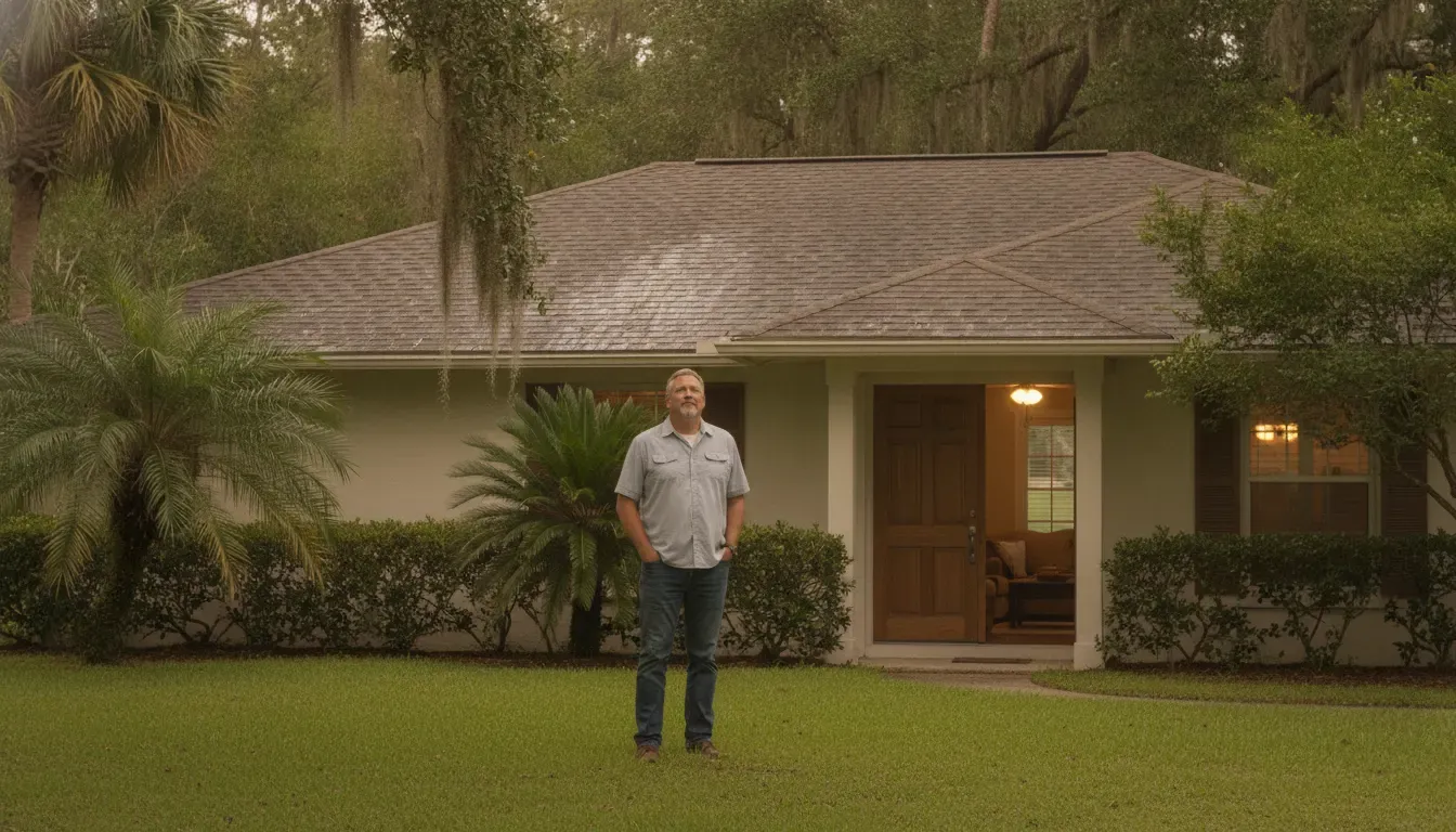 North Florida homeowner safely checking a residential roofline from the ground after rain