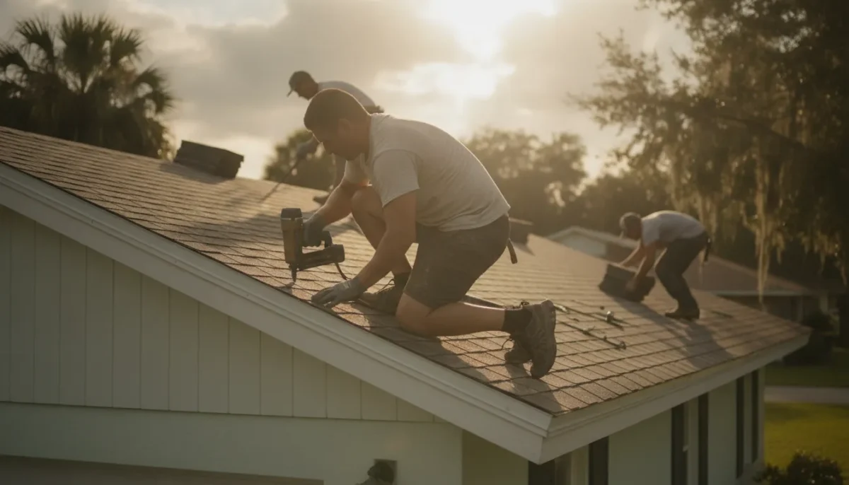Roofing crew installing architectural shingles on a North Florida home