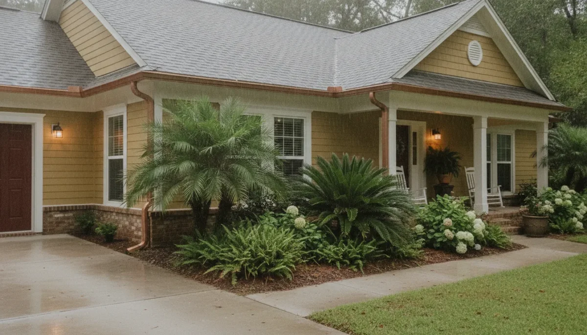 North Florida home with gutters during a light summer rain