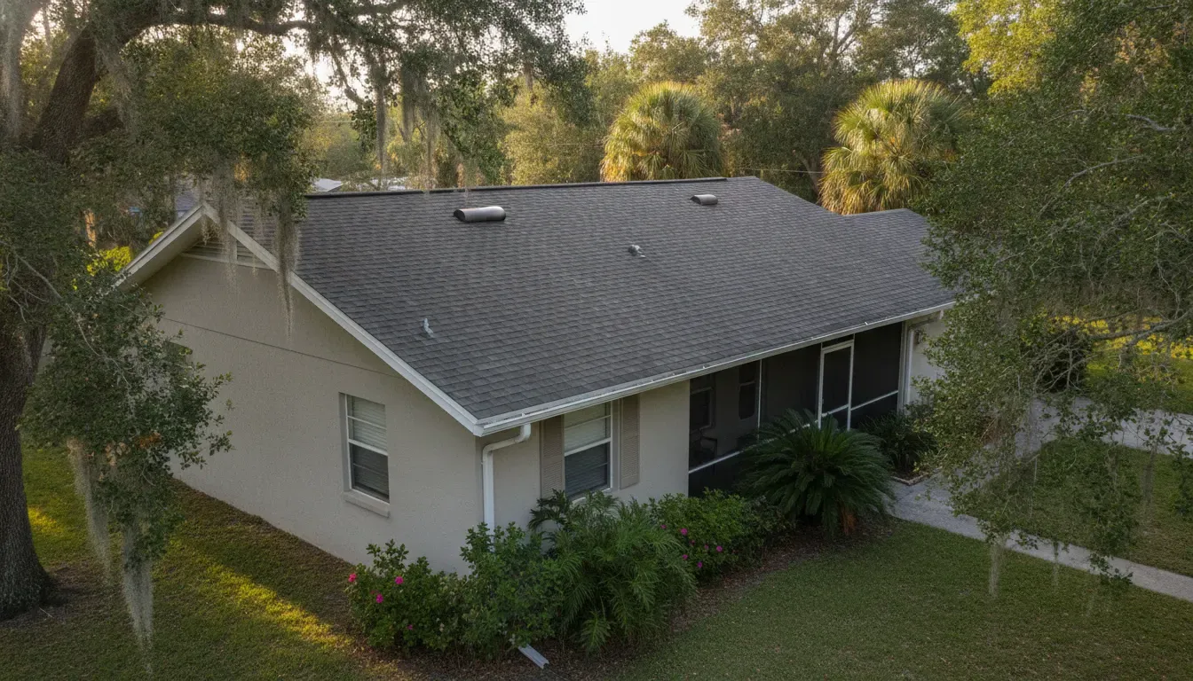 Asphalt shingle roof on a North Florida home showing roof vents and mature trees