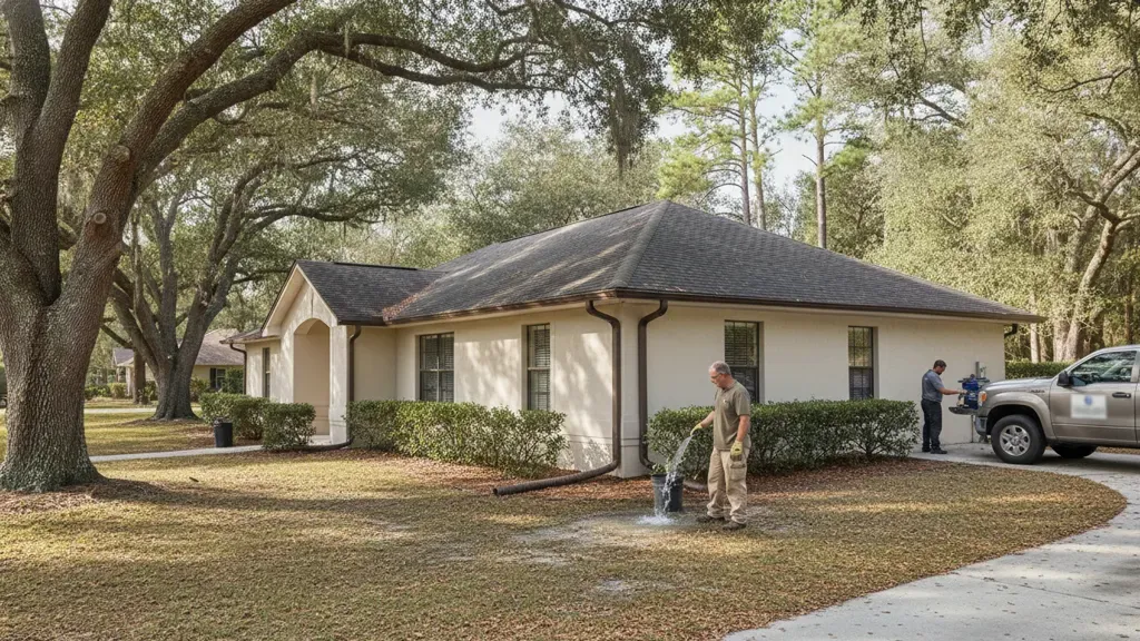North Florida homeowner checking rainwater flow from a residential gutter and downspout