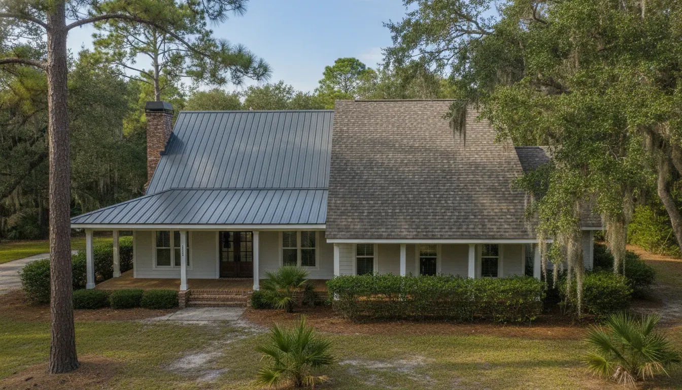 North Florida home showing adjacent metal and architectural shingle roof sections