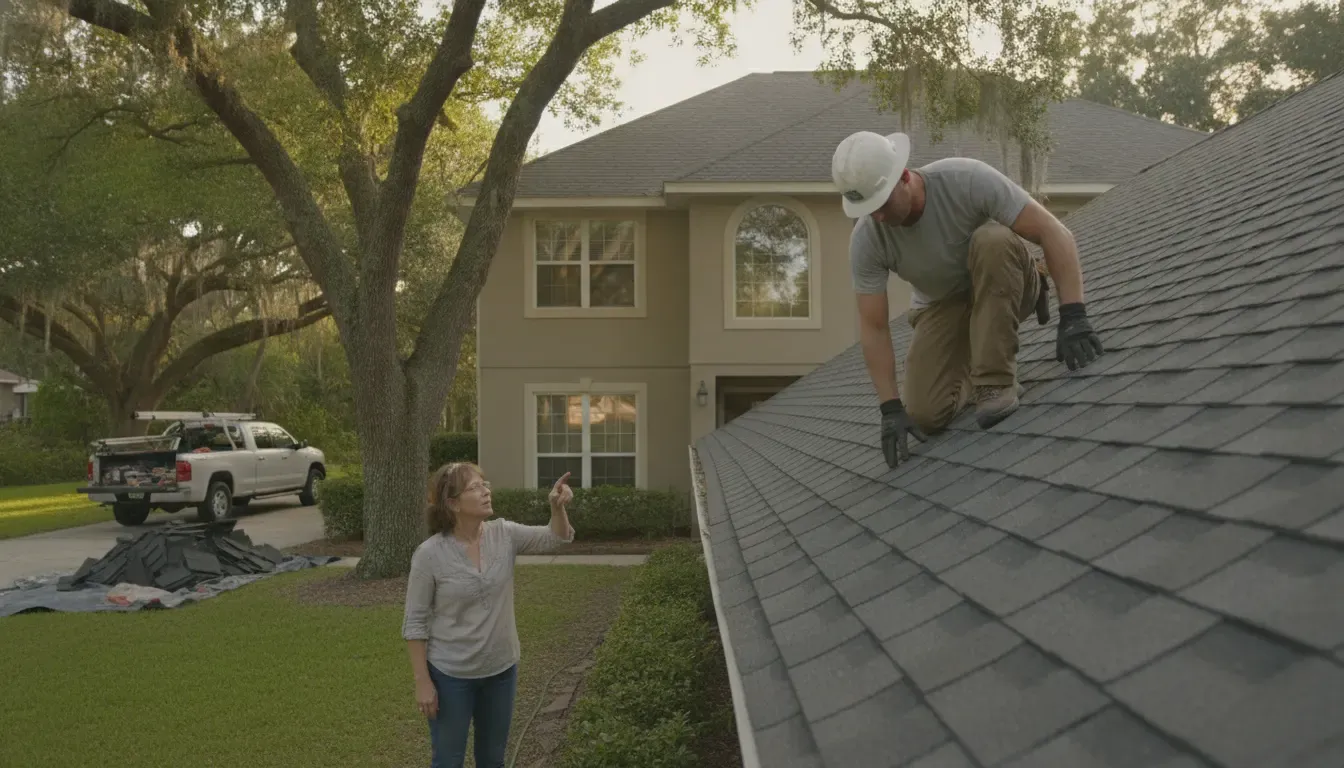 Roof replacement cost Gainesville FL planning with a roofer and homeowner reviewing a North Florida home