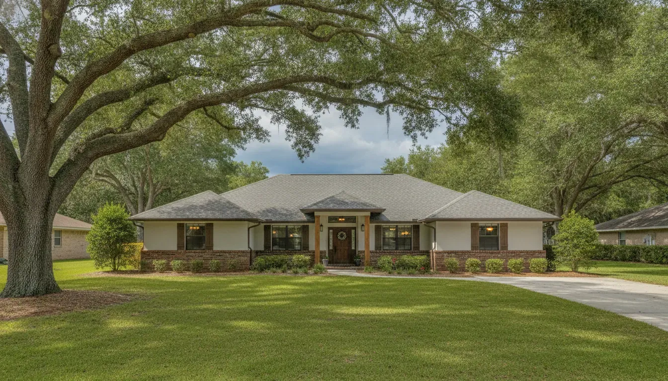 Residential roof in Gainesville, Live Oak, and Lake City Florida beneath mature North Florida trees