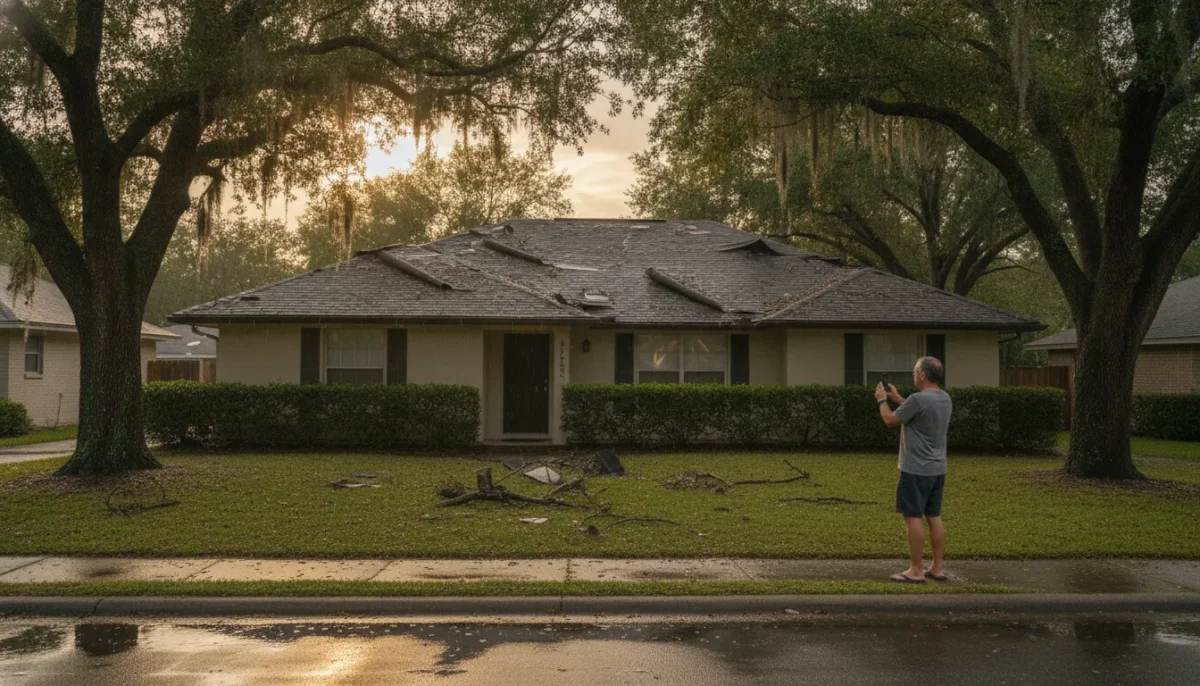 North Florida home with visible storm damage and a homeowner documenting the roof from the ground