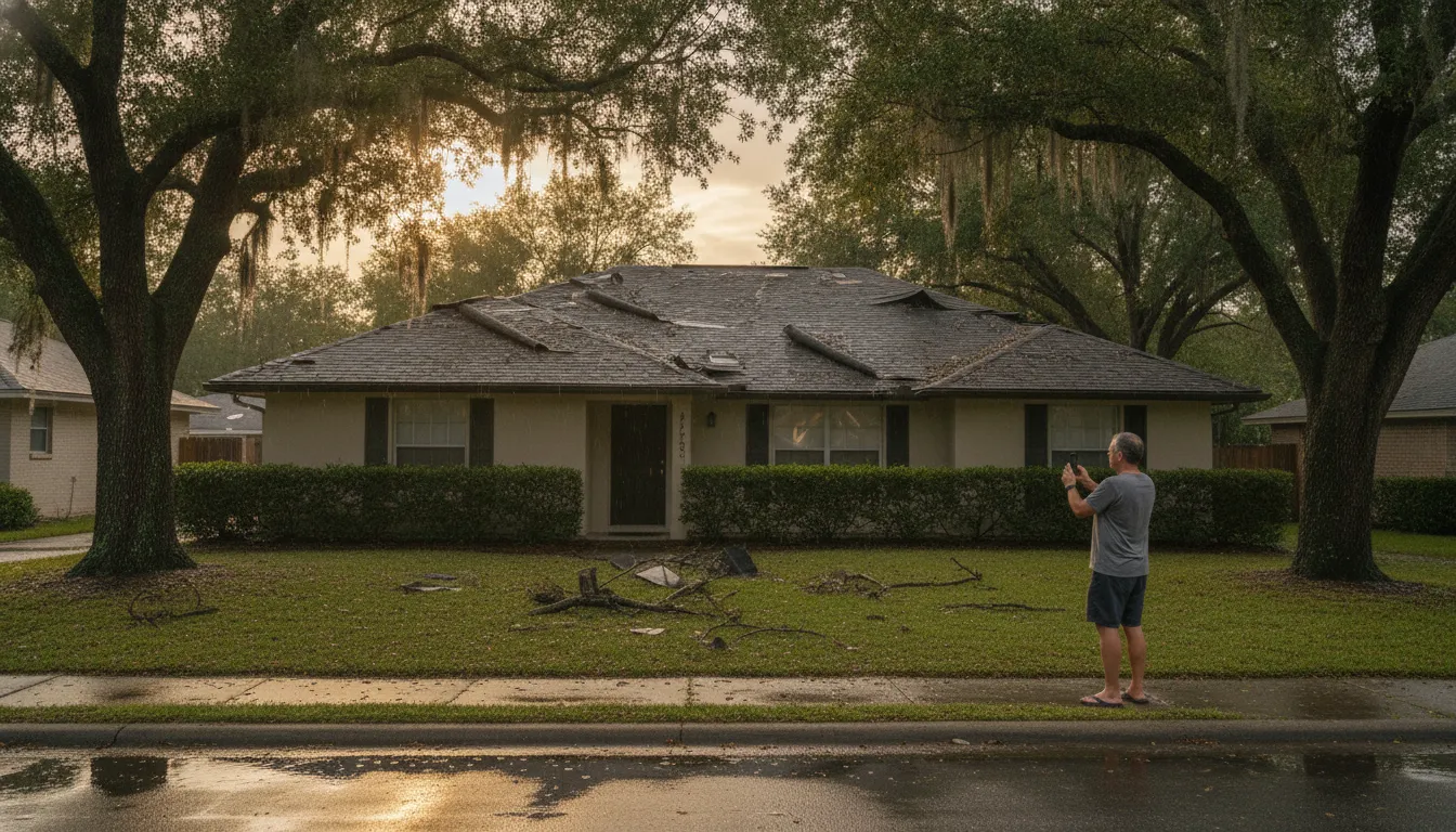 North Florida home with visible storm damage and a homeowner documenting the roof from the ground