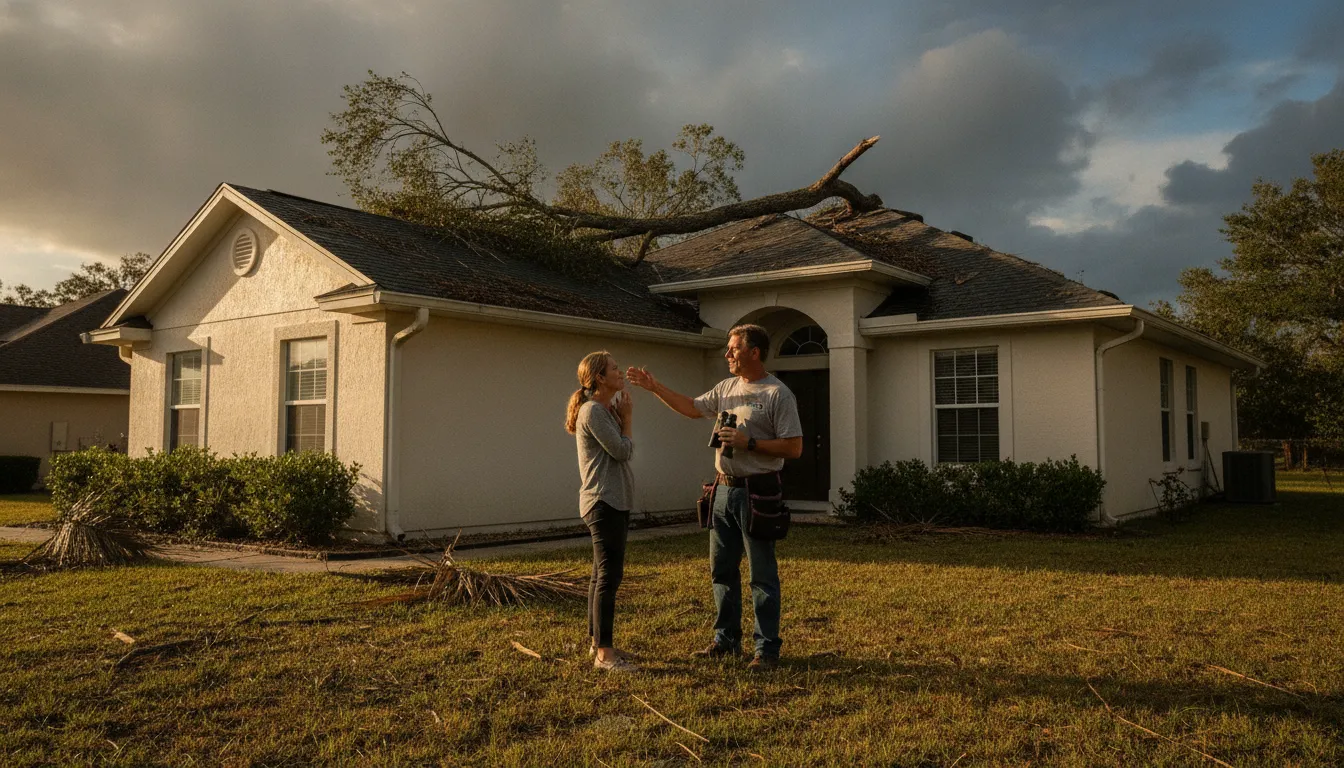 Florida homeowner reviewing roof damage with a roofing professional