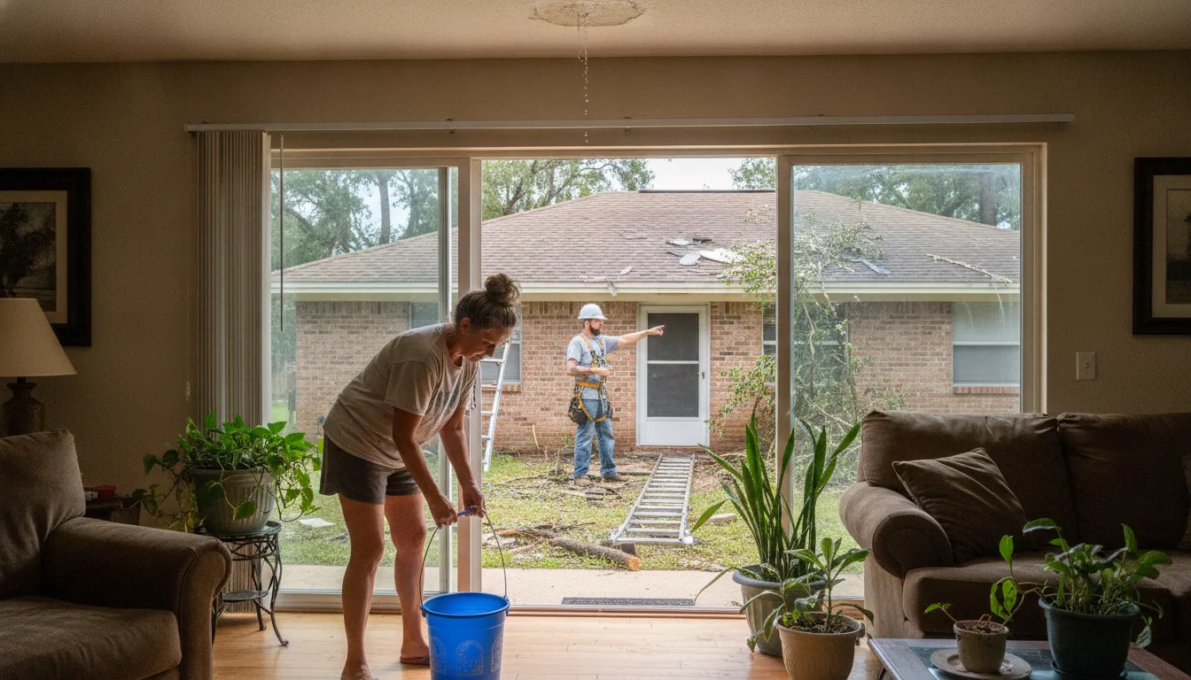 Homeowner containing a roof leak while a roofer assesses storm damage