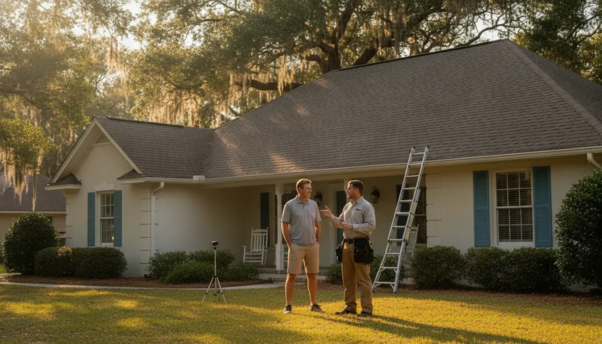 North Florida homeowner speaking with a professional roofing contractor beside a residential roof
