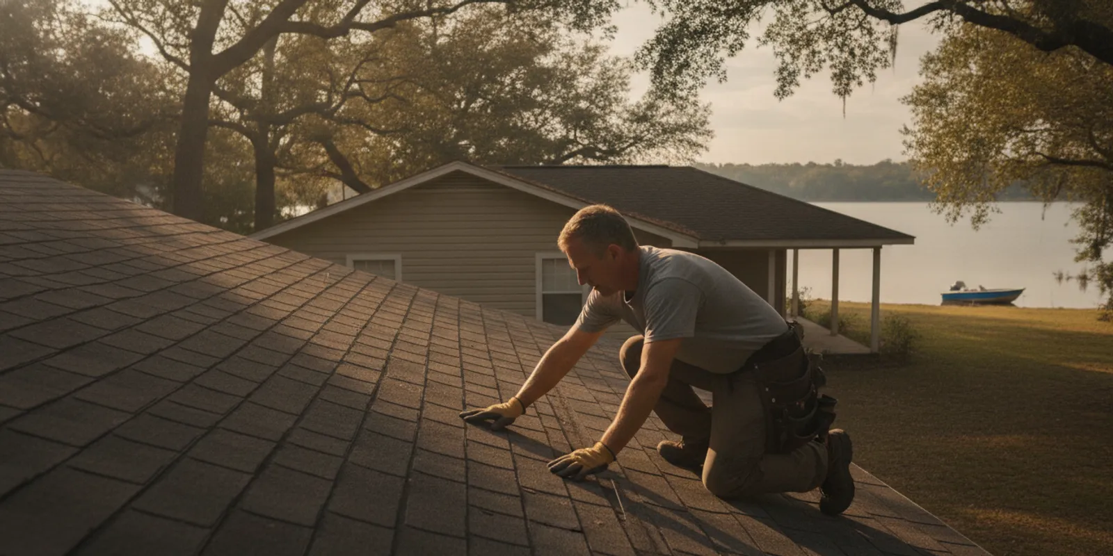 Roofing professional inspecting asphalt shingles on a North Florida home