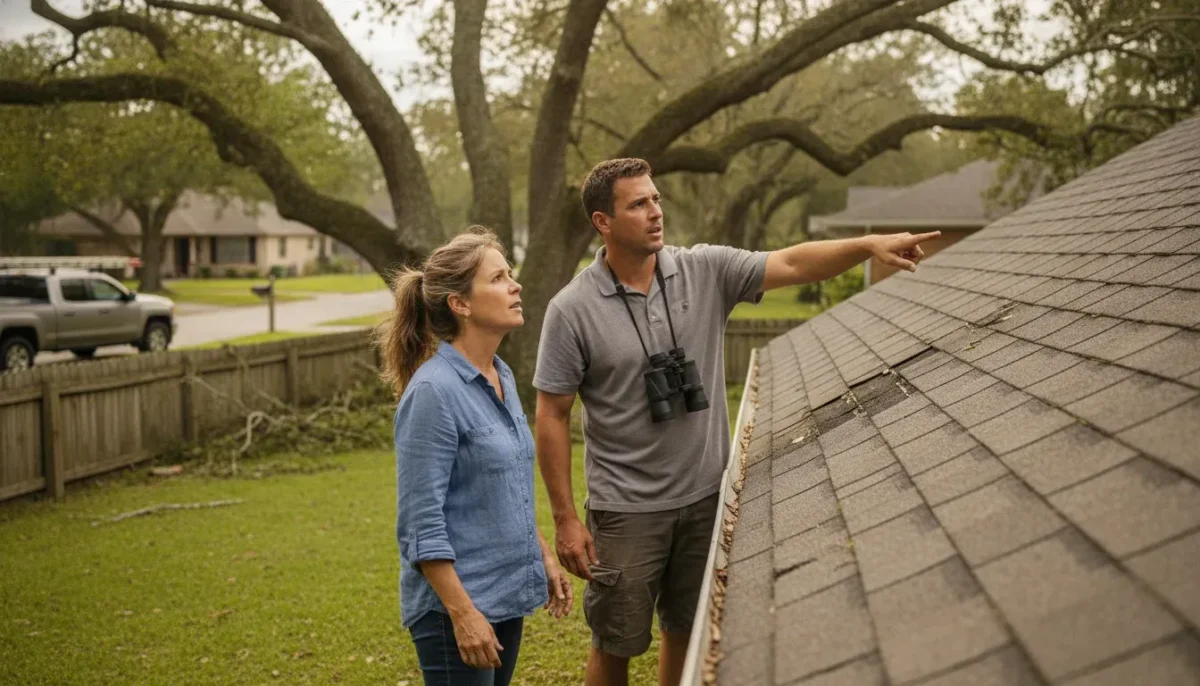 North Florida homeowner and roofing professional inspecting possible hurricane roof damage from the ground
