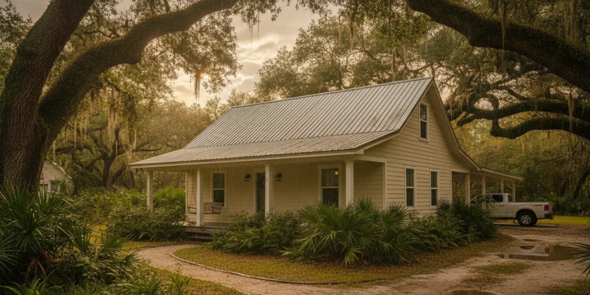 Metal roof on a home in a leafy Live Oak, Florida neighborhood