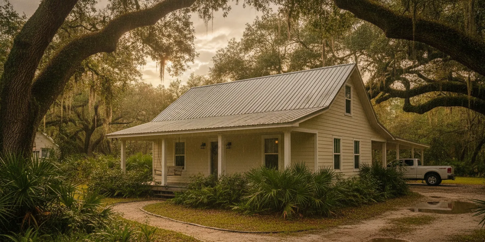 Metal roof on a home in a leafy Live Oak, Florida neighborhood