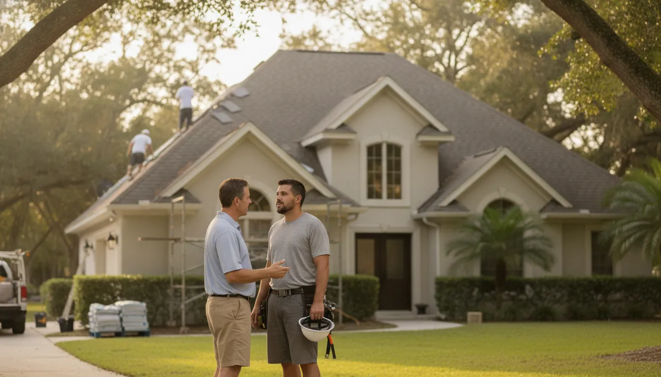 Roof financing consultation beside a North Florida home