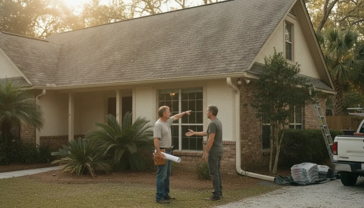 North Florida homeowner discussing a pitched roof with a roofer