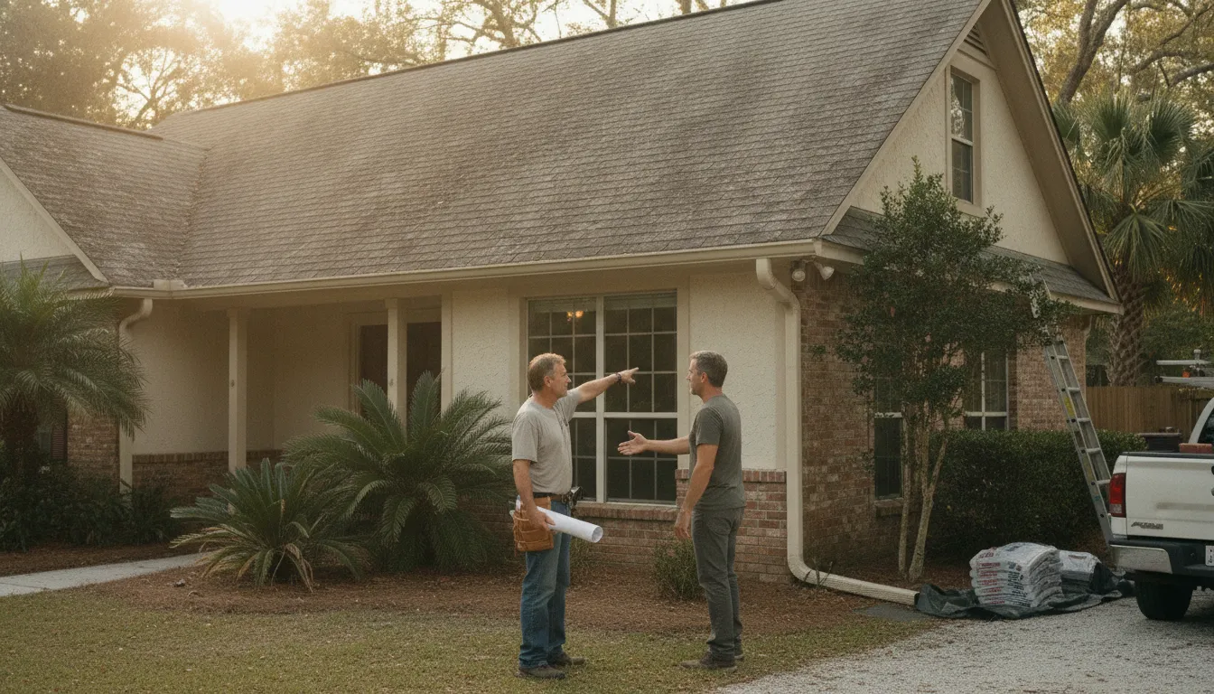 North Florida homeowner discussing a pitched roof with a roofer