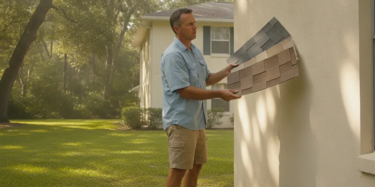 Homeowner comparing shingle color samples beside a North Florida home