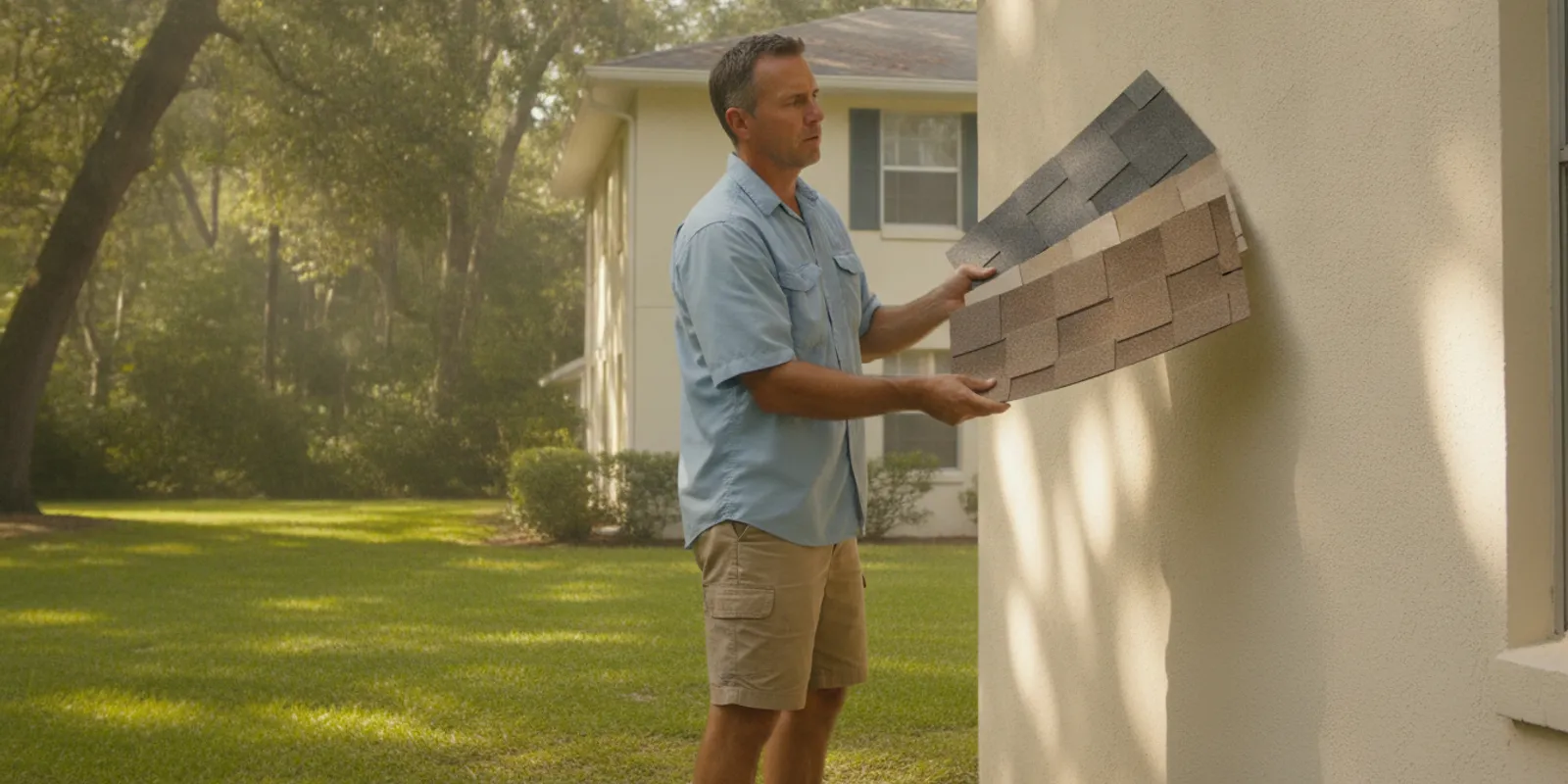 Homeowner comparing shingle color samples beside a North Florida home