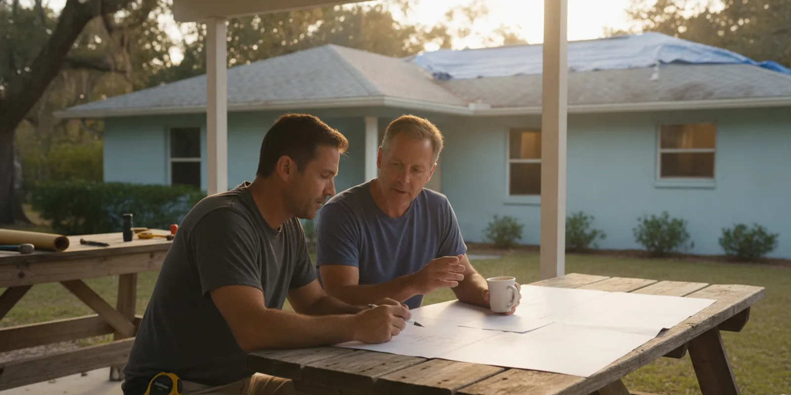 Roofing contractor reviewing roof warranty paperwork with a homeowner at a North Florida home