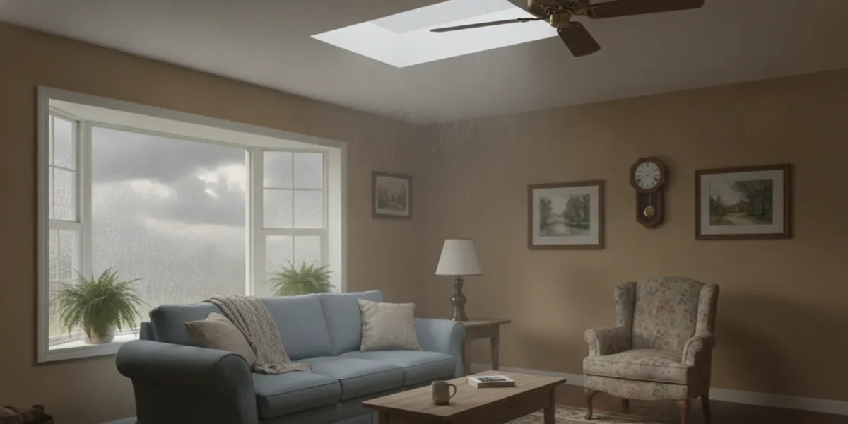 A residential skylight viewed from inside during a Florida rainstorm