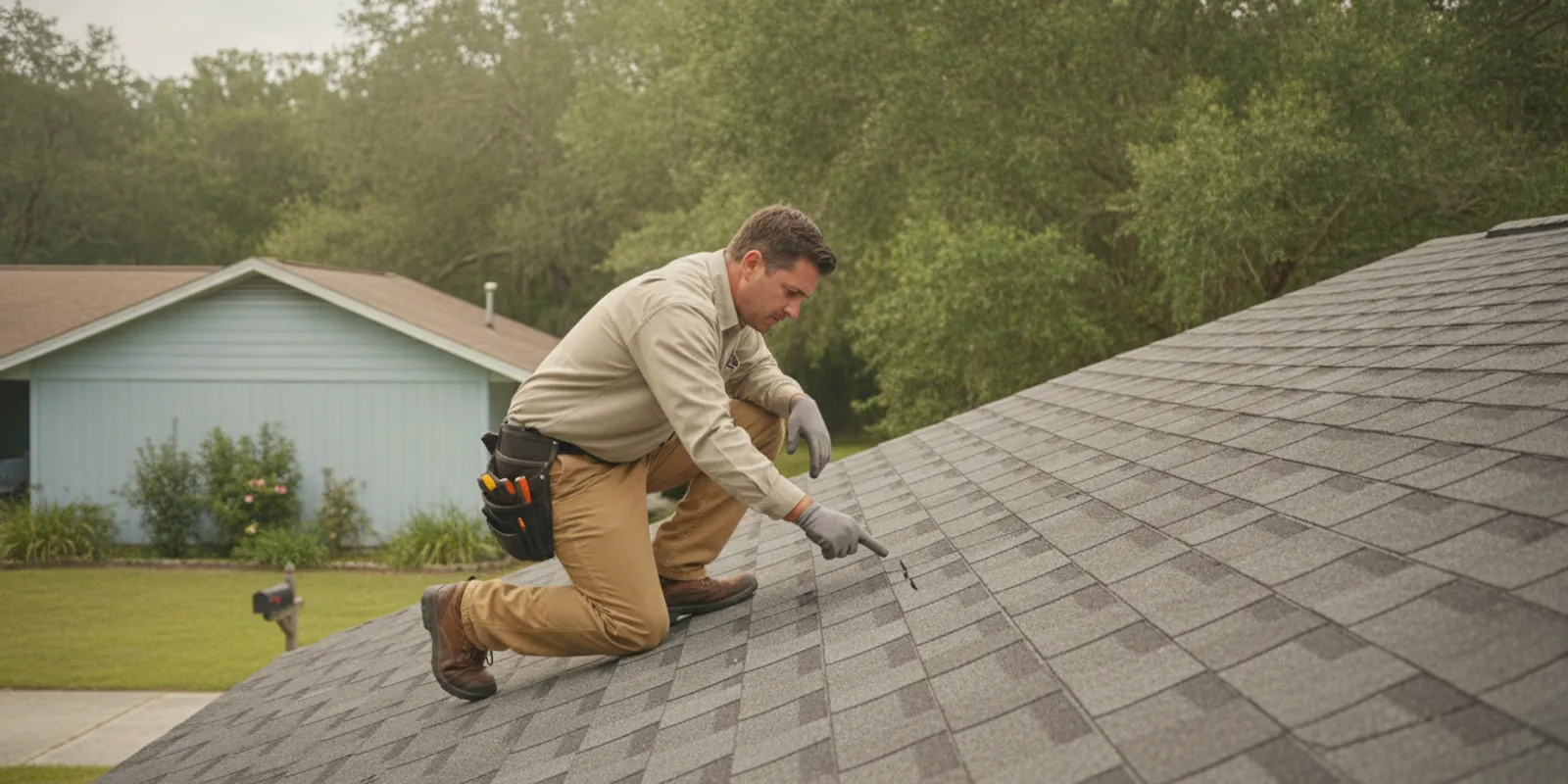 Roofing contractor inspecting shingles on a North Florida home