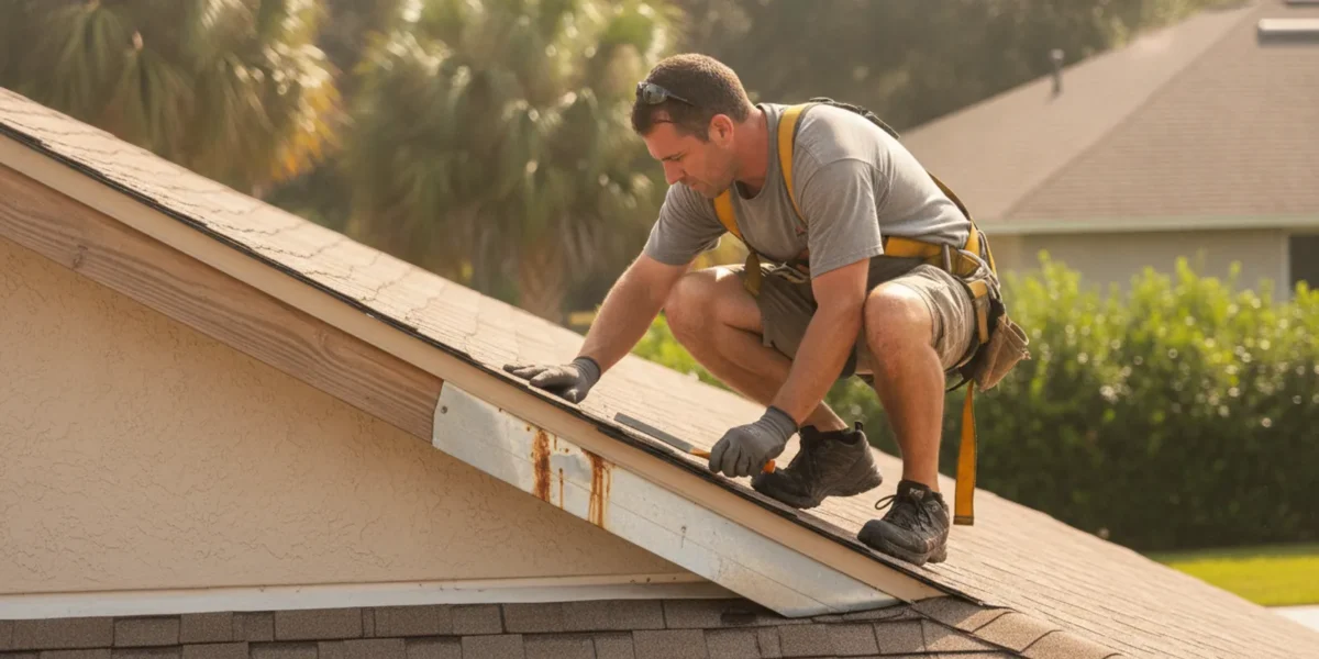 Roofing professional examining metal flashing beside a roof and wall intersection