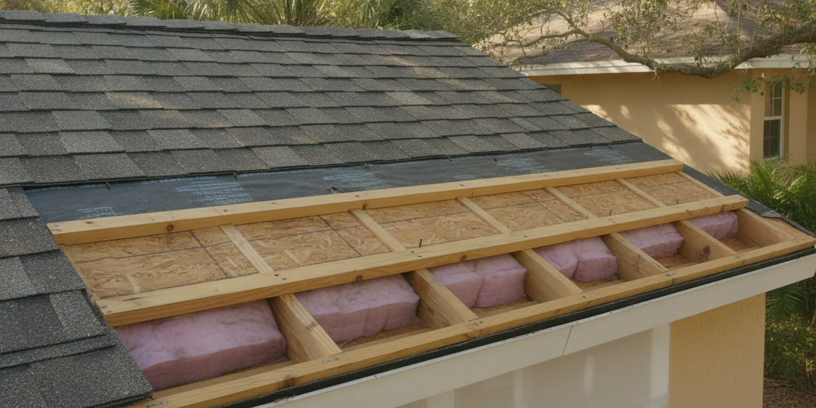 Cross-section view of a residential roof showing shingles, underlayment, roof deck, and framing
