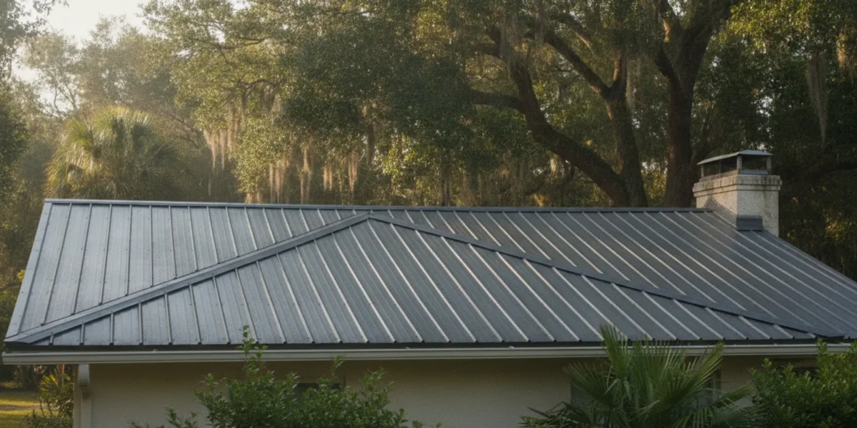 Metal roof on a North Florida home beneath a clear sky