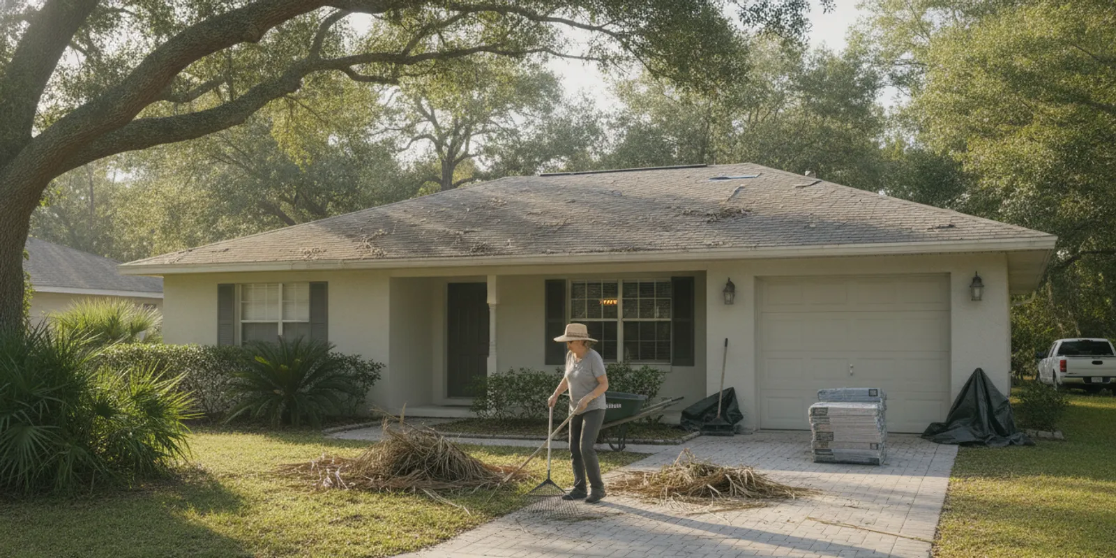 North Florida homeowner preparing the driveway and yard before a roofing crew replaces the roof