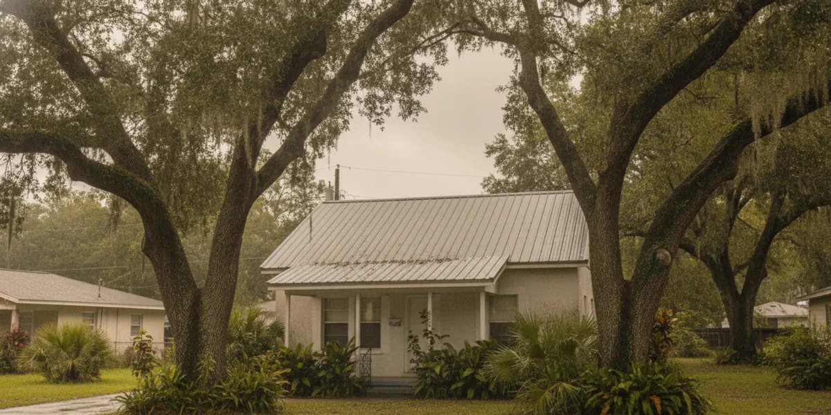 Metal roof on a North Florida home beneath a bright, partly cloudy sky