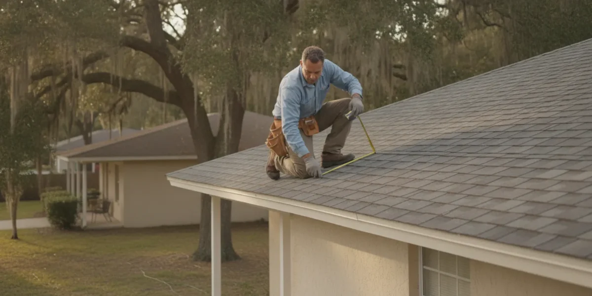 Roofing professional inspecting a shingle roof on a North Florida home