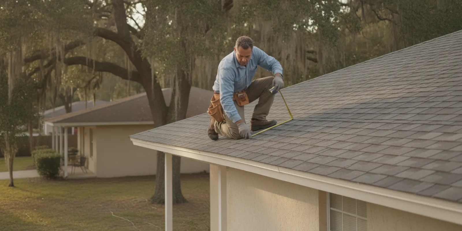 Roofing professional inspecting a shingle roof on a North Florida home