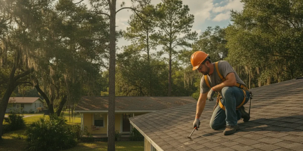 Roofing professional inspecting a North Florida home near Live Oak