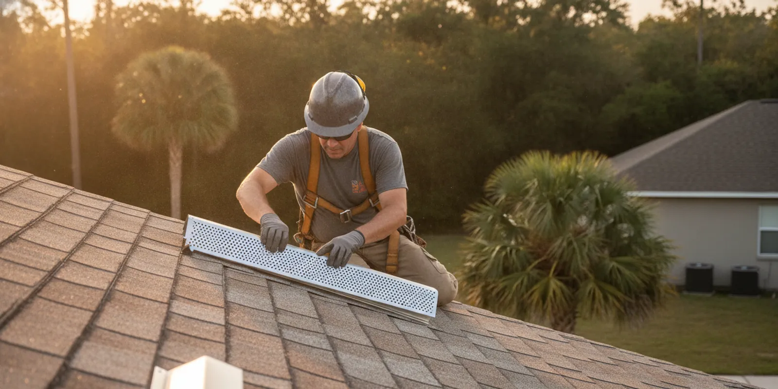 Roofing professional checking a roof vent and attic ventilation during a home roof replacement
